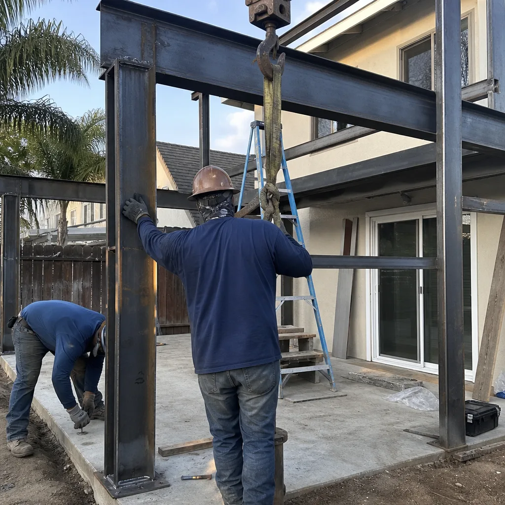 Construction workers installing steel structural beams for an accessory dwelling unit