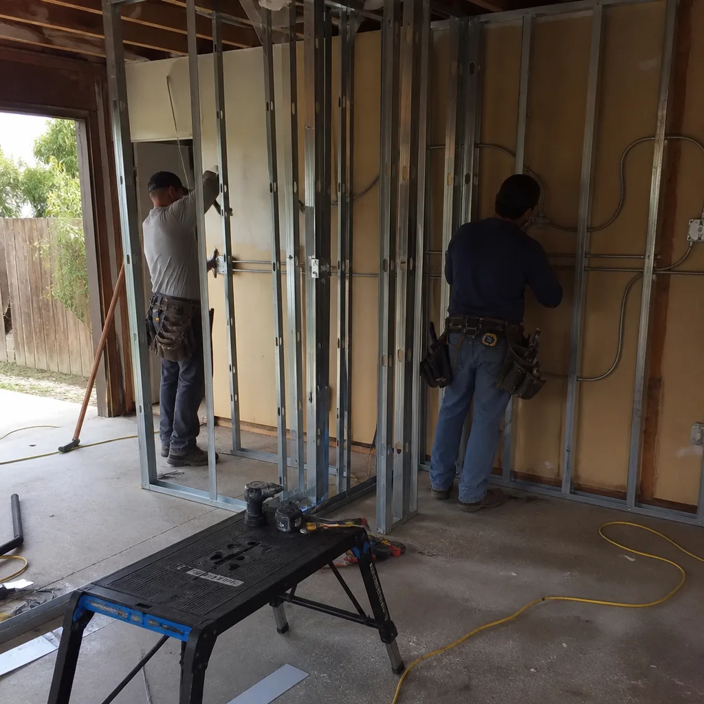Contractors installing electrical wiring in metal garage conversion wall framing