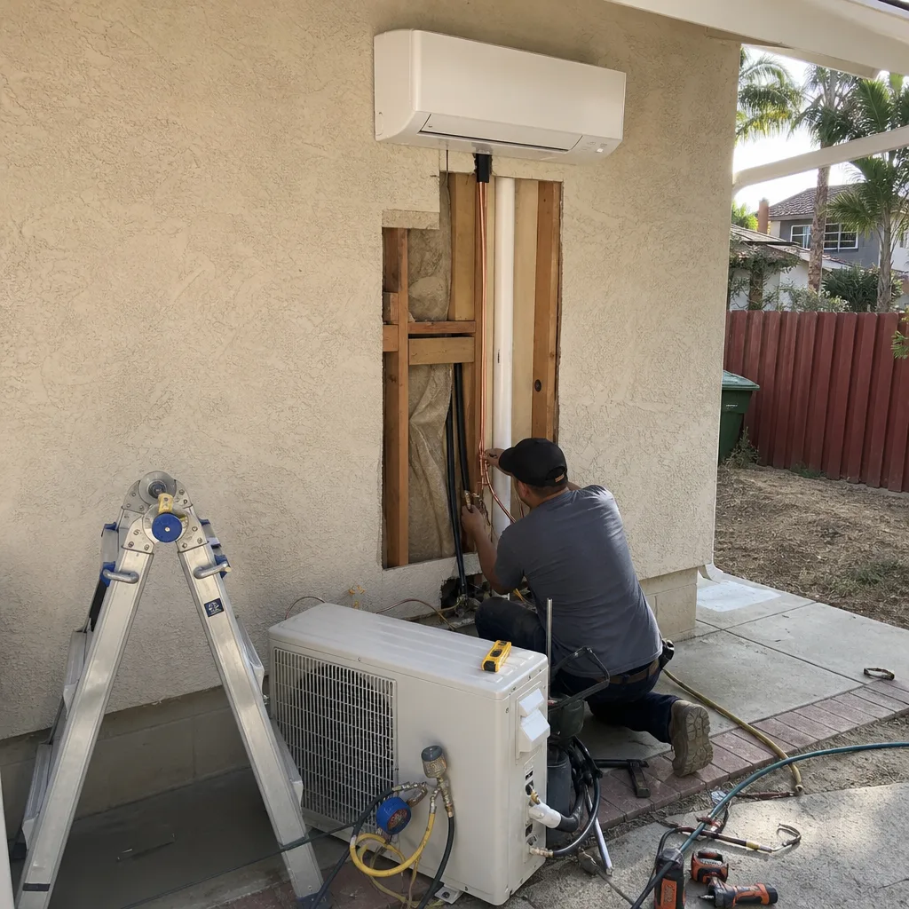 Technician installing HVAC system for an ADU garage conversion