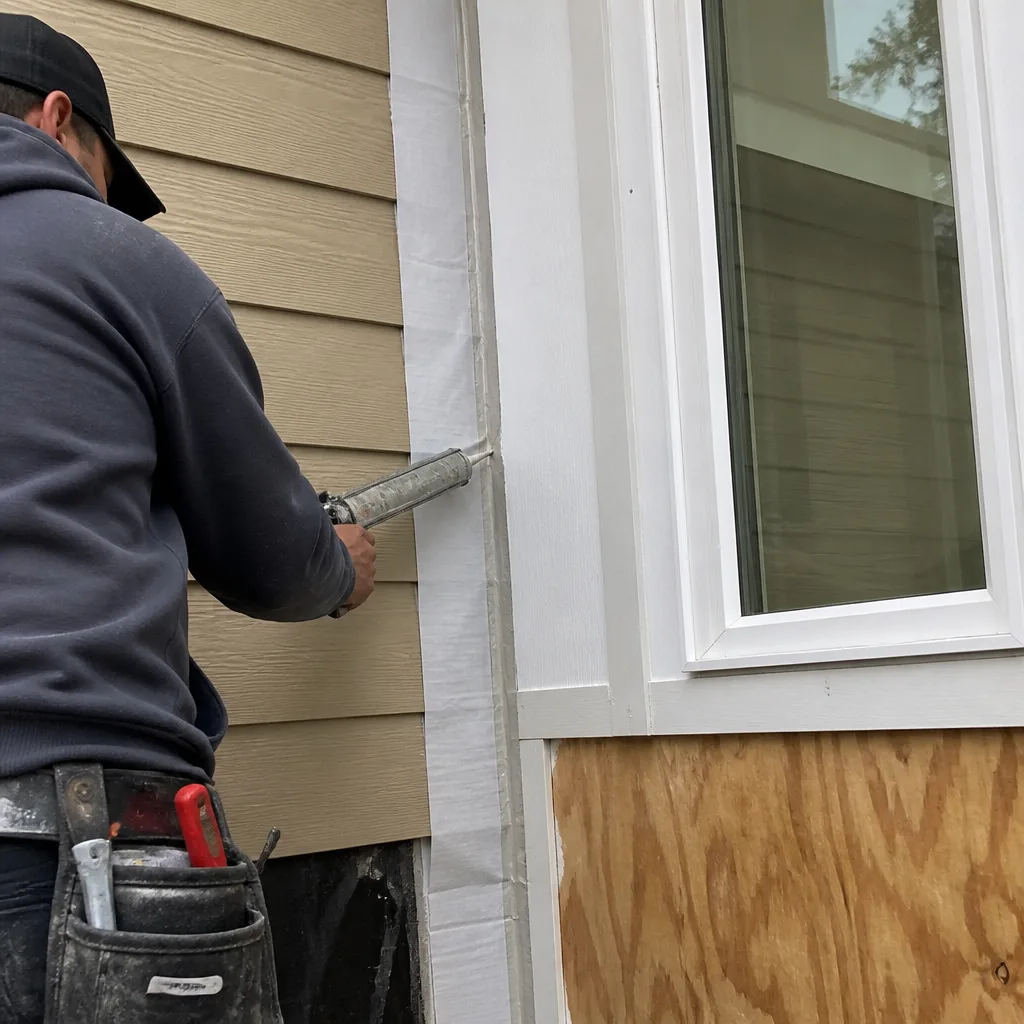Contractor applying sealant to exterior window trim on a home addition.